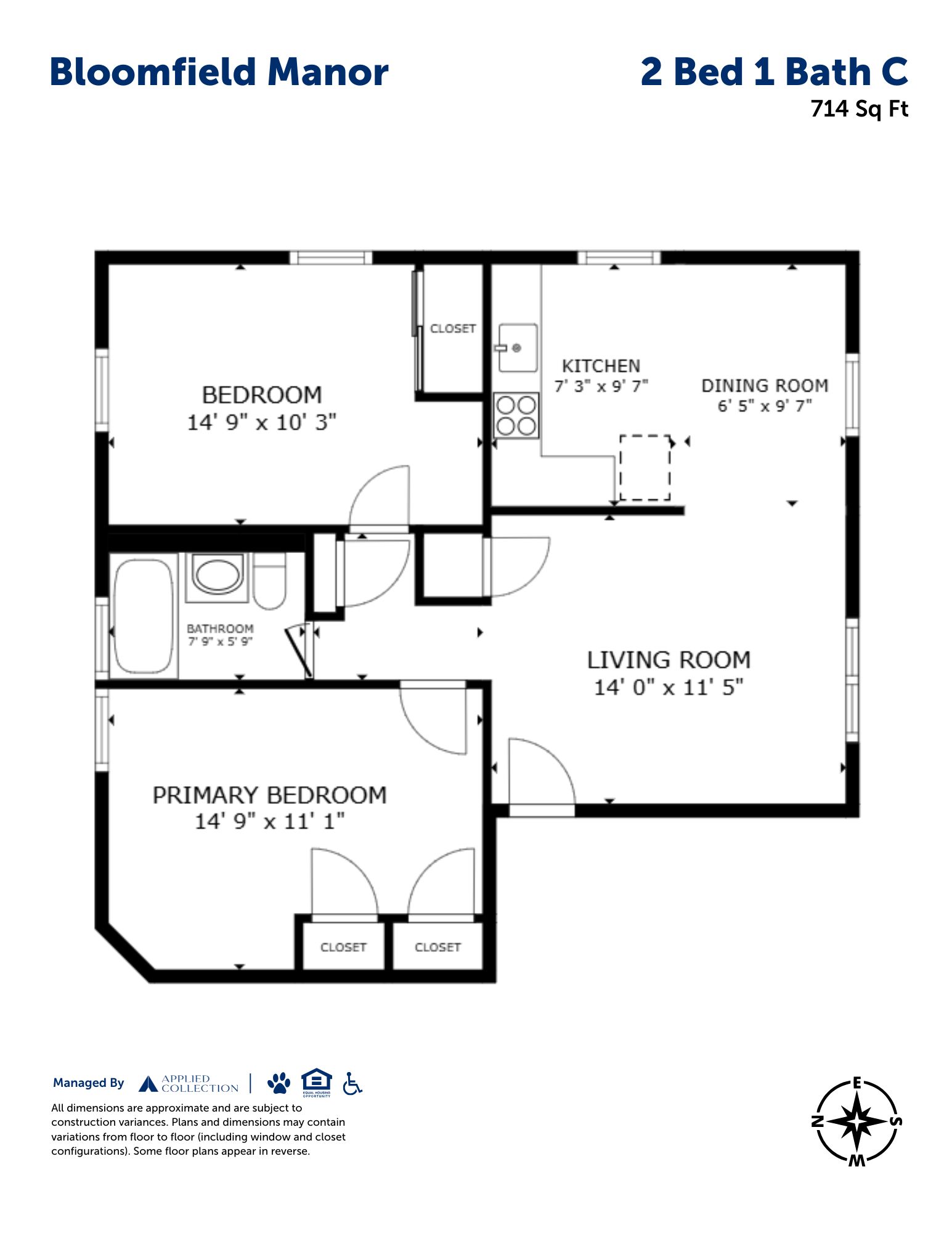 Floor plan for 2 beds, 1 bath, 714 sqft